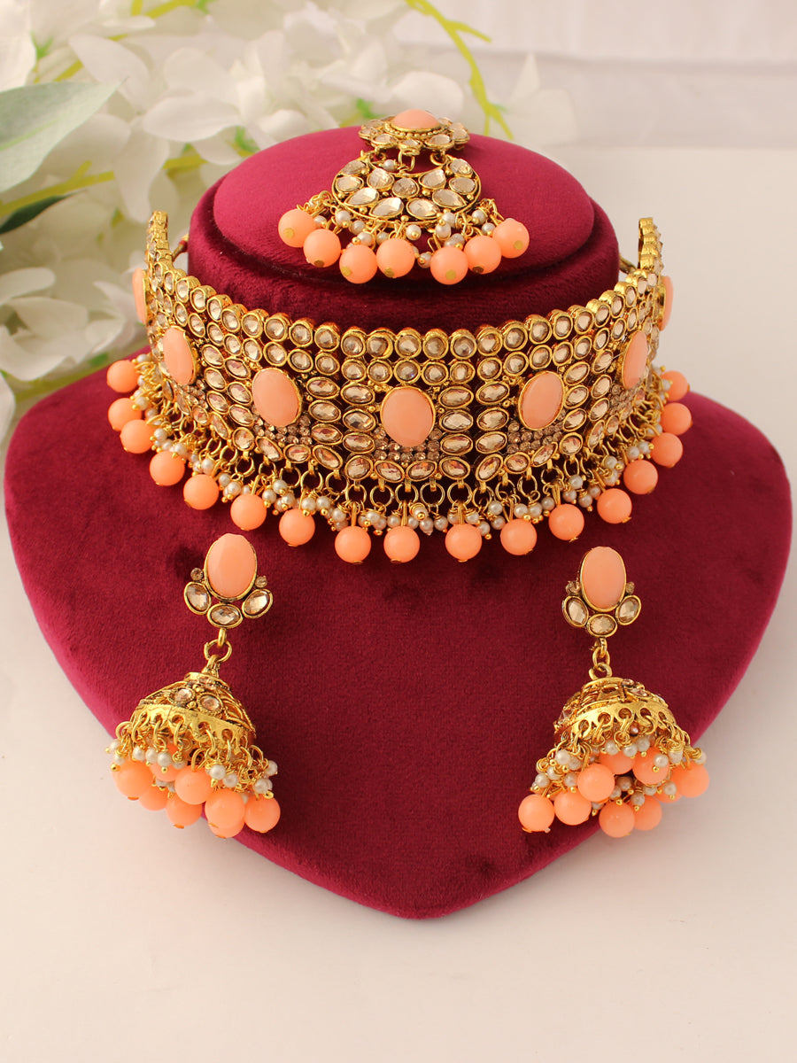 Anmol Choker Necklace Set-Peach