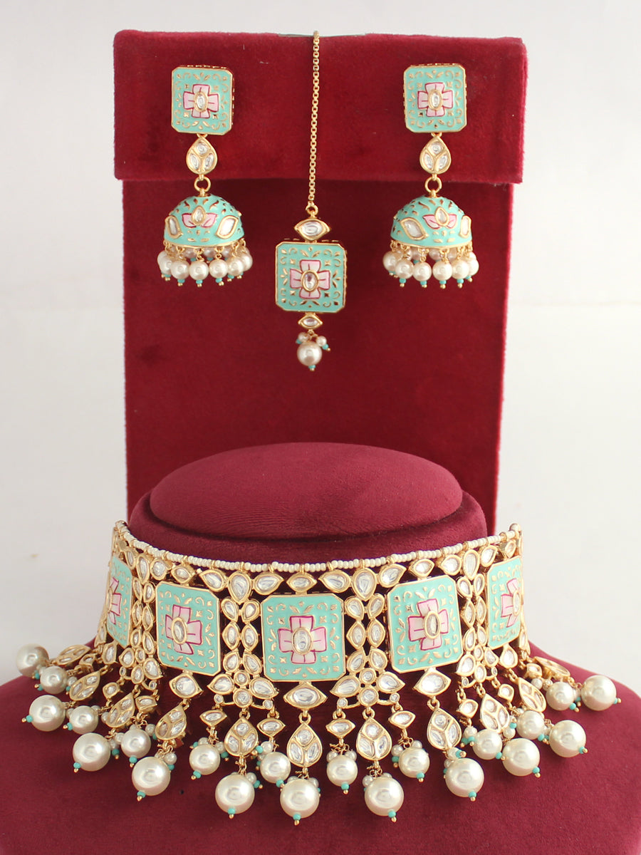 Varanasi Choker Necklace Set - Aqua