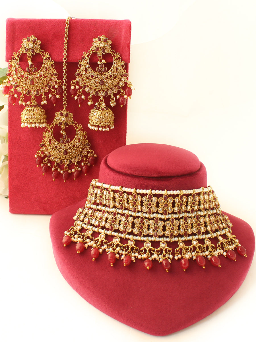 Saira Necklace Set-Maroon