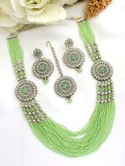 Mihika Layered Necklace Set (Silver)-Mint green