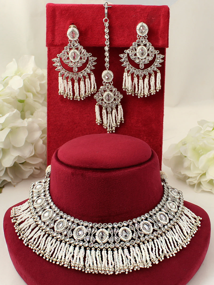 Maryam Bib Necklace Set-Silver