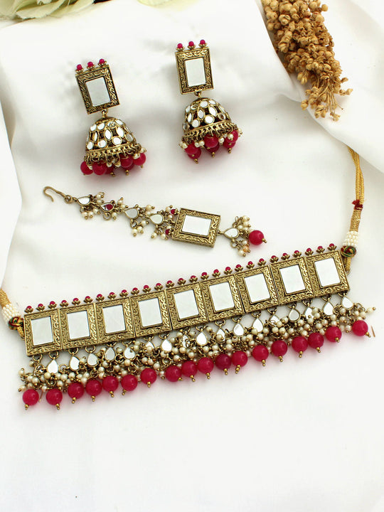 Kareena Necklace Set-Ruby Pink