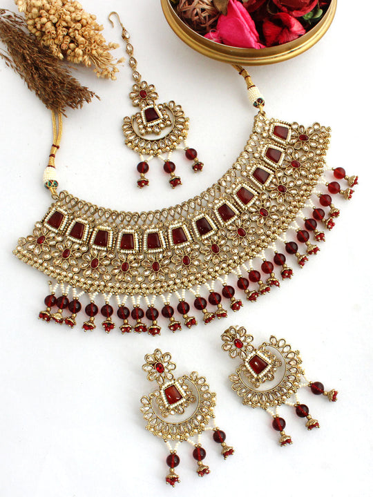 Meenaz Necklace Set-Maroon