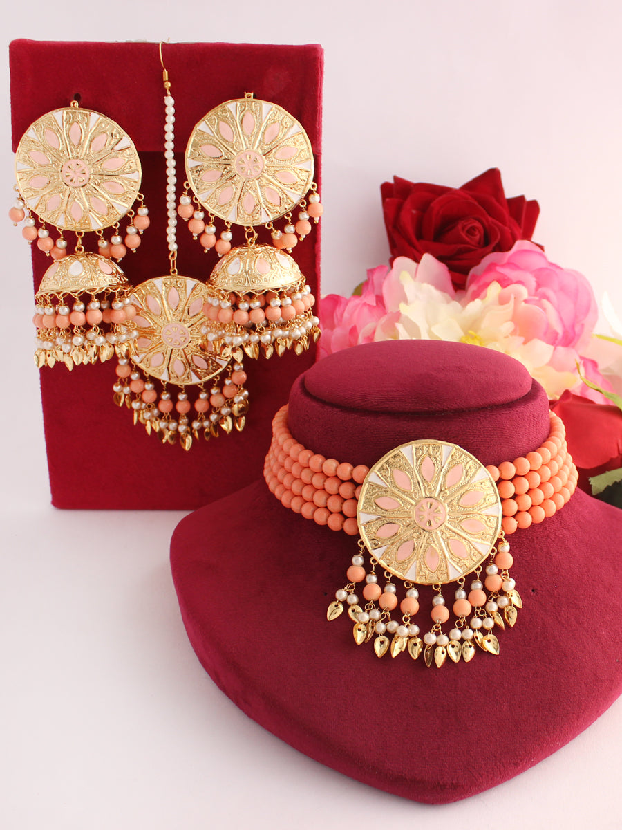 Gurleen Necklace Set-Peach