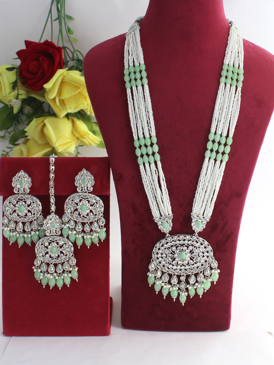 Falak Long Necklace Set-Silver/Mint Green