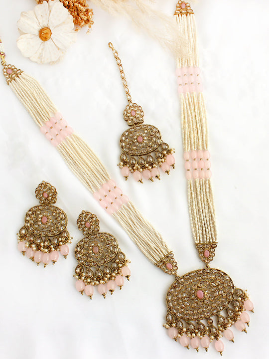 Falak Long Necklace Set-Pastel Pink