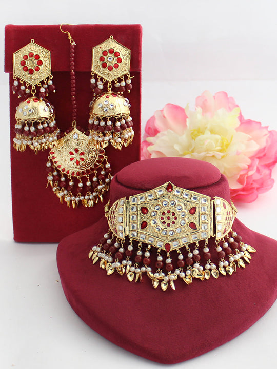 Hooria Necklace Set-Maroon