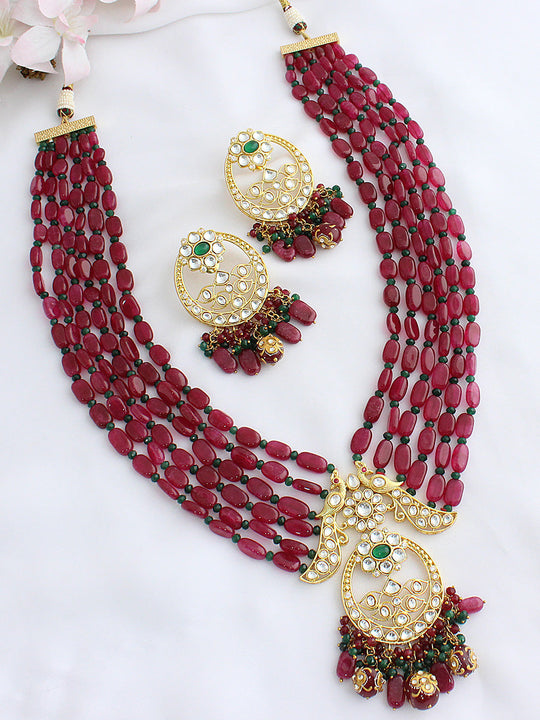 Akshara Long Necklace Set-maroon