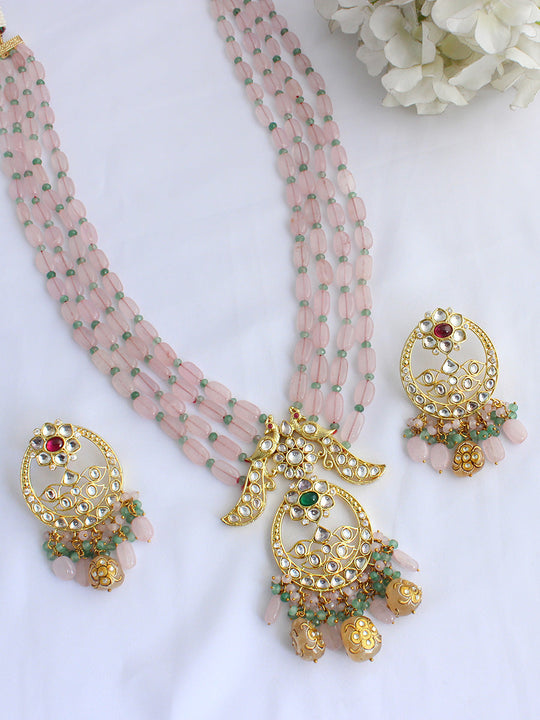 Gunjan Long Necklace Set-Pastel Pink