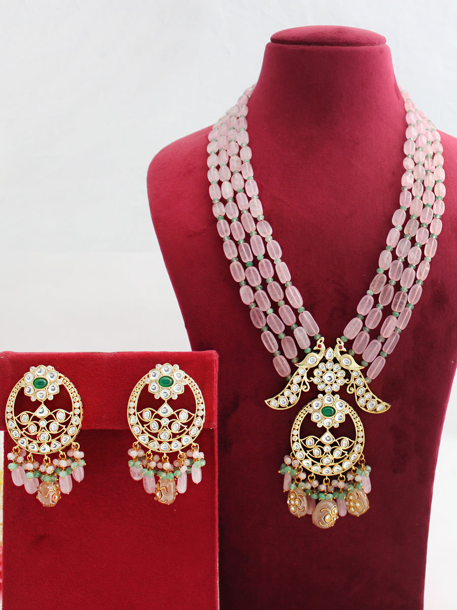 Gunjan Long Necklace Set-Pastel Pink