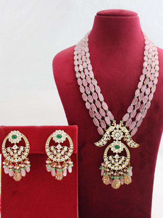 Gunjan Long Necklace Set-Pastel Pink