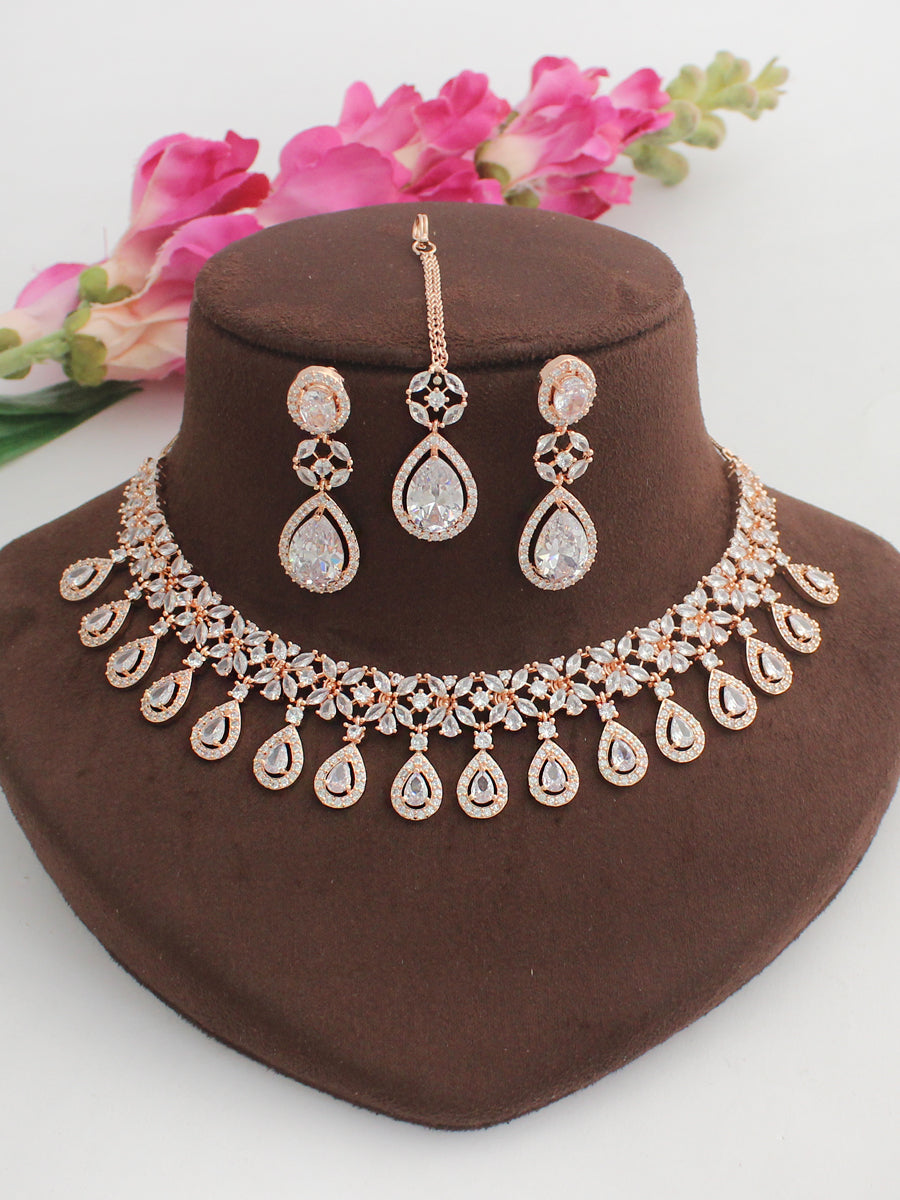 Tanushri Long Necklace Set-Rose Gold