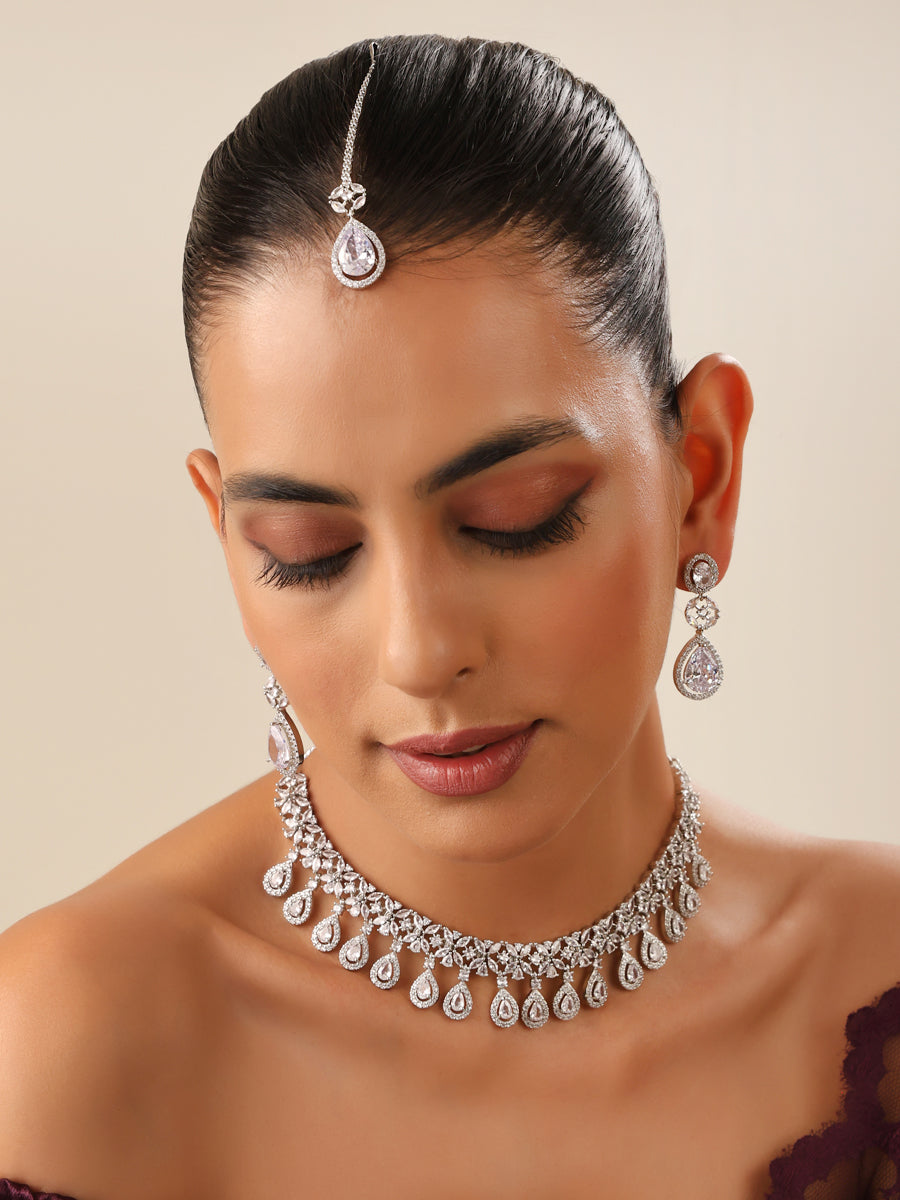 Tanushri Long Necklace Set-Silver