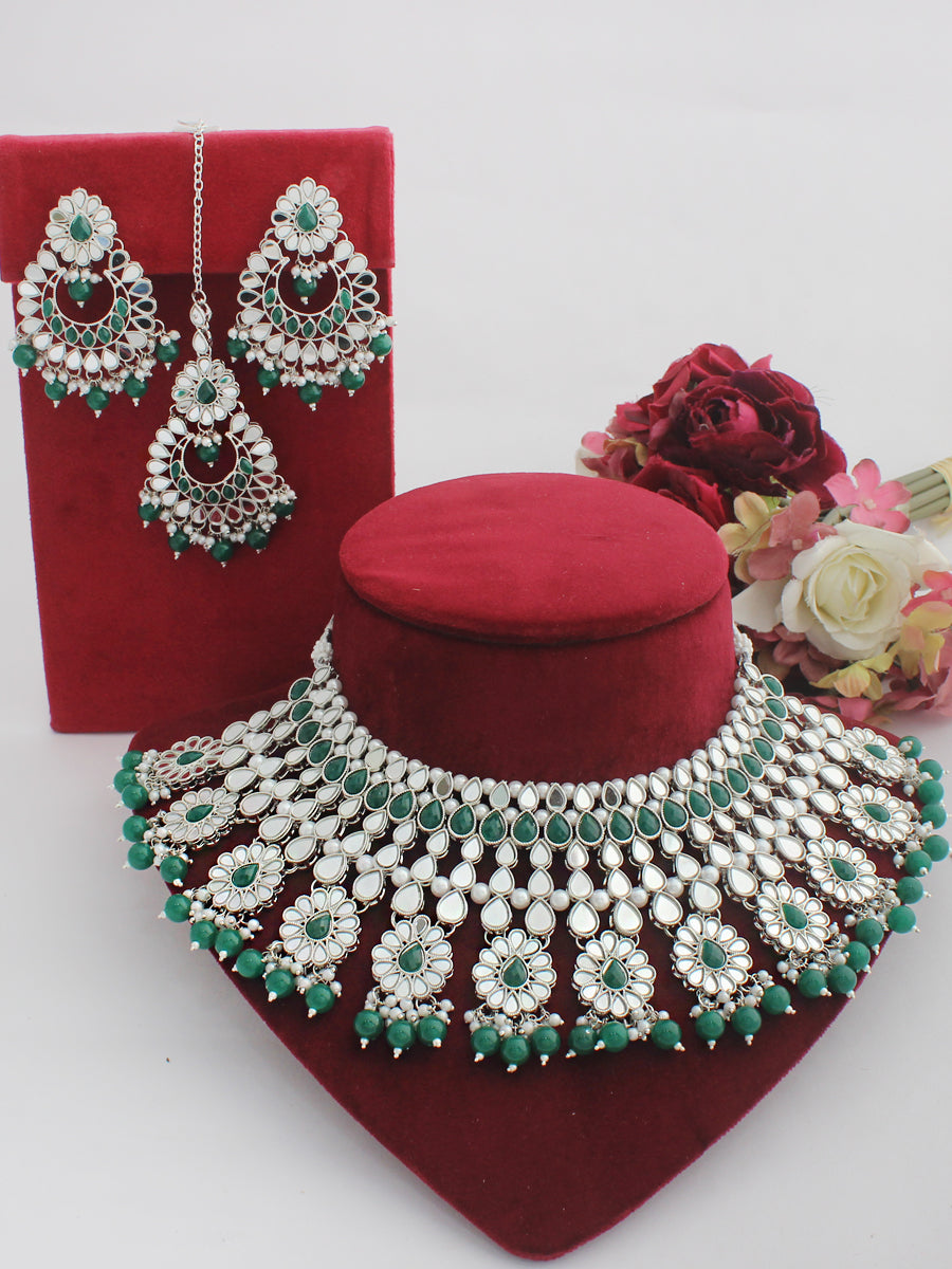 Ziya Necklace Set-(Silver)-Green