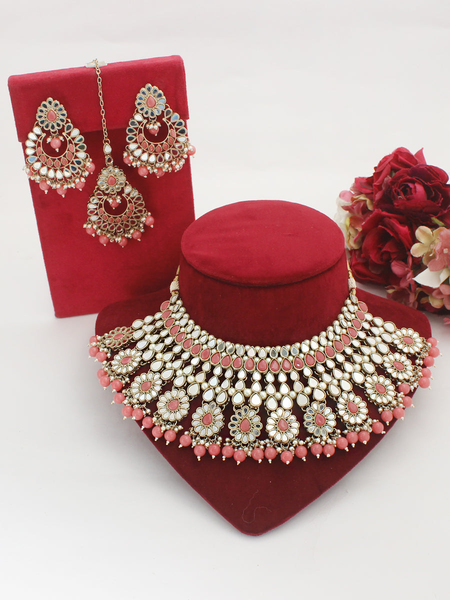 Ziya Necklace Set-(Golden)-Pink