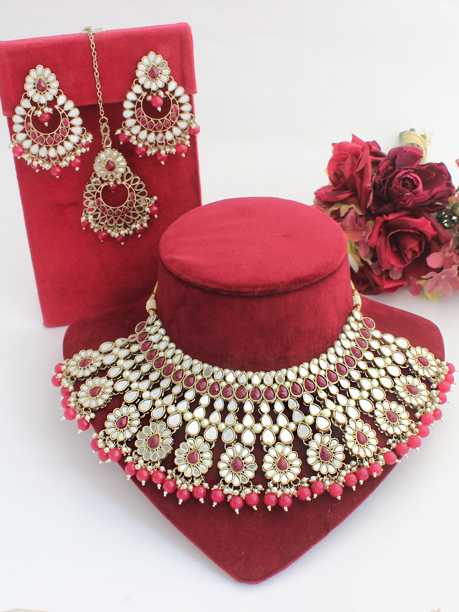 Ziya Necklace Set-(Golden) Maroon