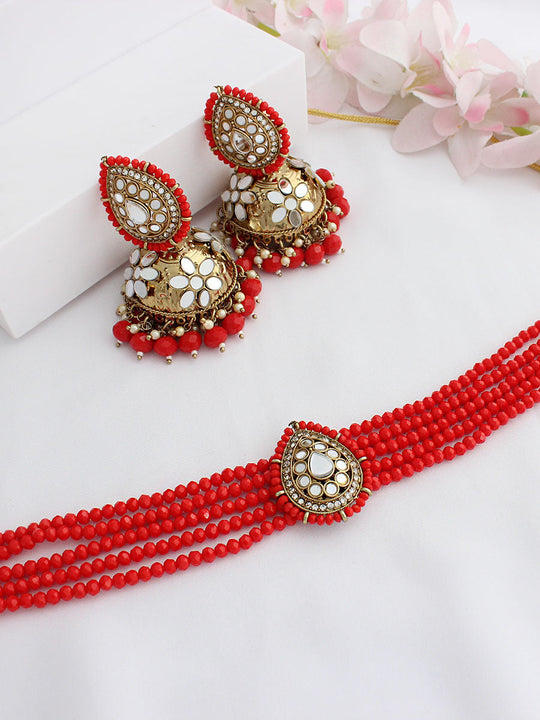 Naaz Mirror Necklace Set-Red