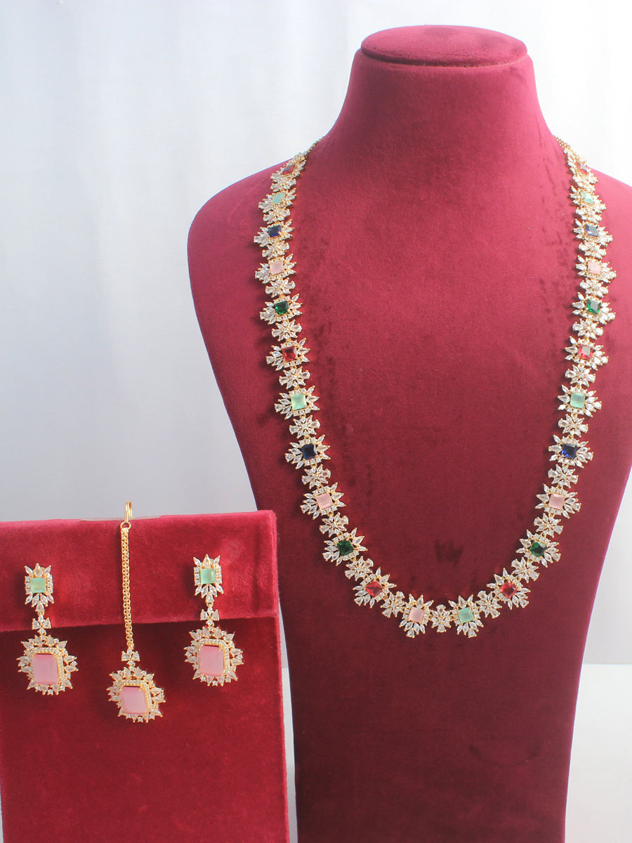 Tanisha Cz Long Necklace Set -Golden / Multicolor