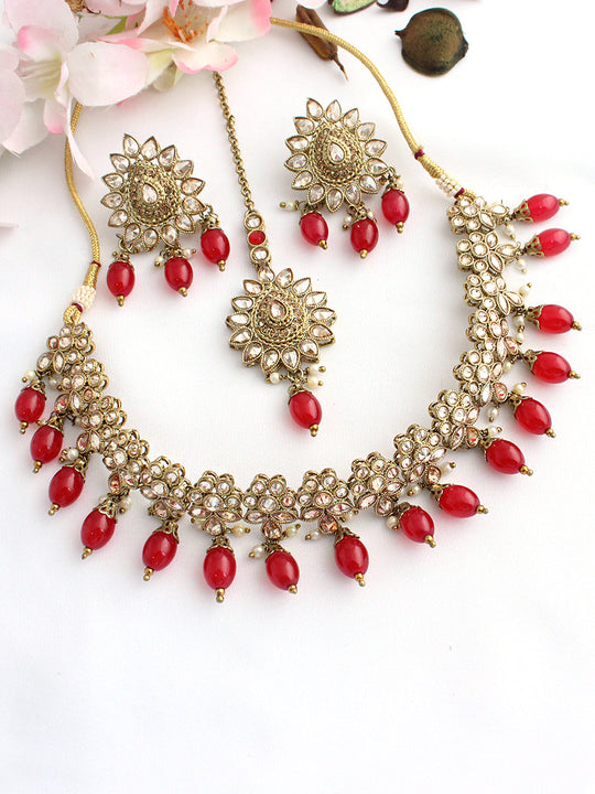 Minal Choker Necklace Set-Red
