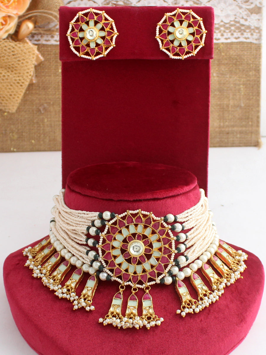 Mugdha Necklace Set-Hot Pink