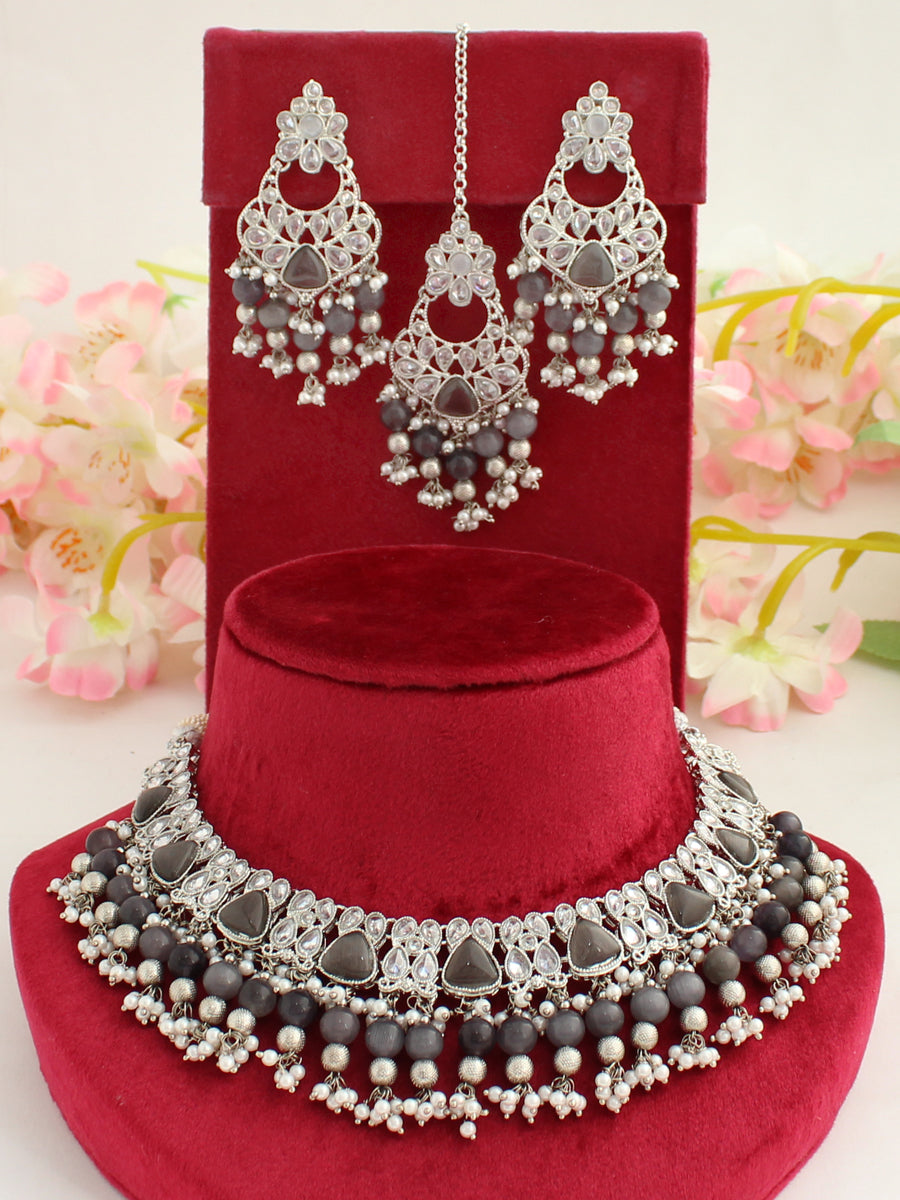 Anamika Necklace Set-Grey