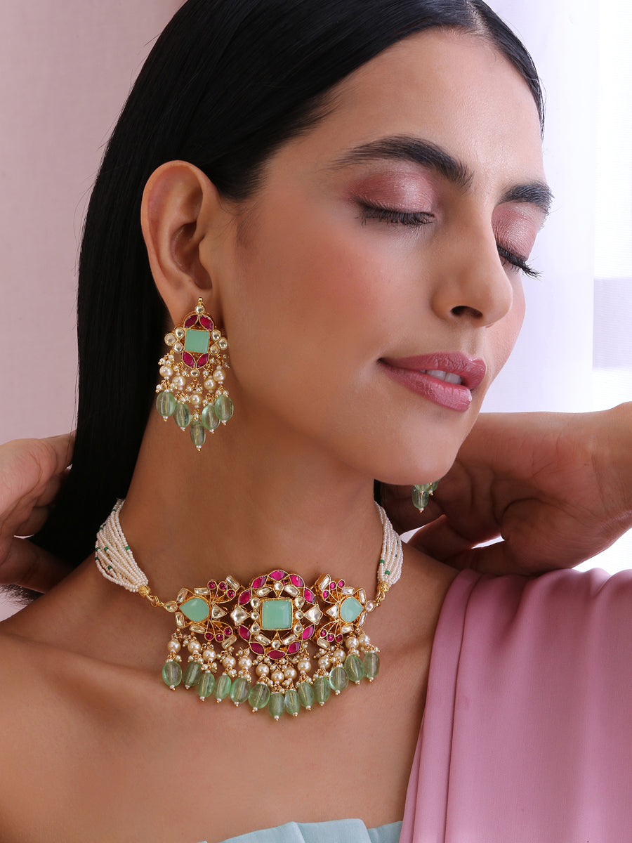 Raavi Necklace Set-Green-Pink / Green