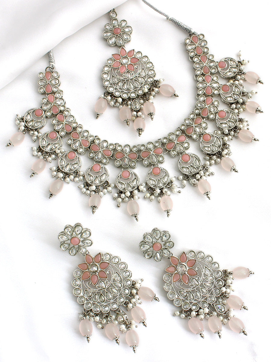 Devyanshi Necklace Set-Silver/pastel Pink