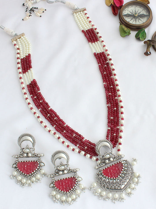 Sheel Long Necklace Set - Silver / Maroon