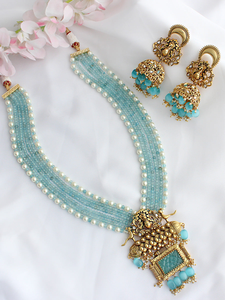 Sumbul Long Necklace Set - Gold / Aqua