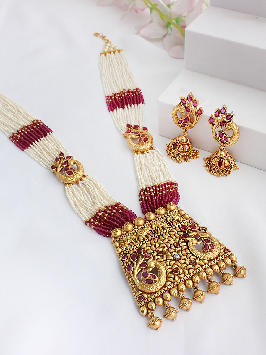 Aadhaya Pendant Necklace Set - Hot pink