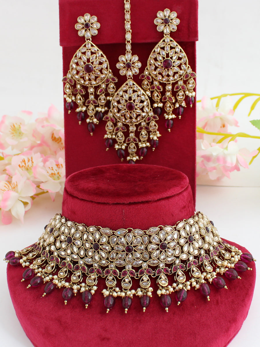 Sonali Necklace Set-Silver-Maroon