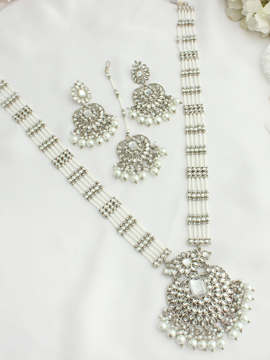 Madiha Long / Ranihaar Necklace Set- Silver