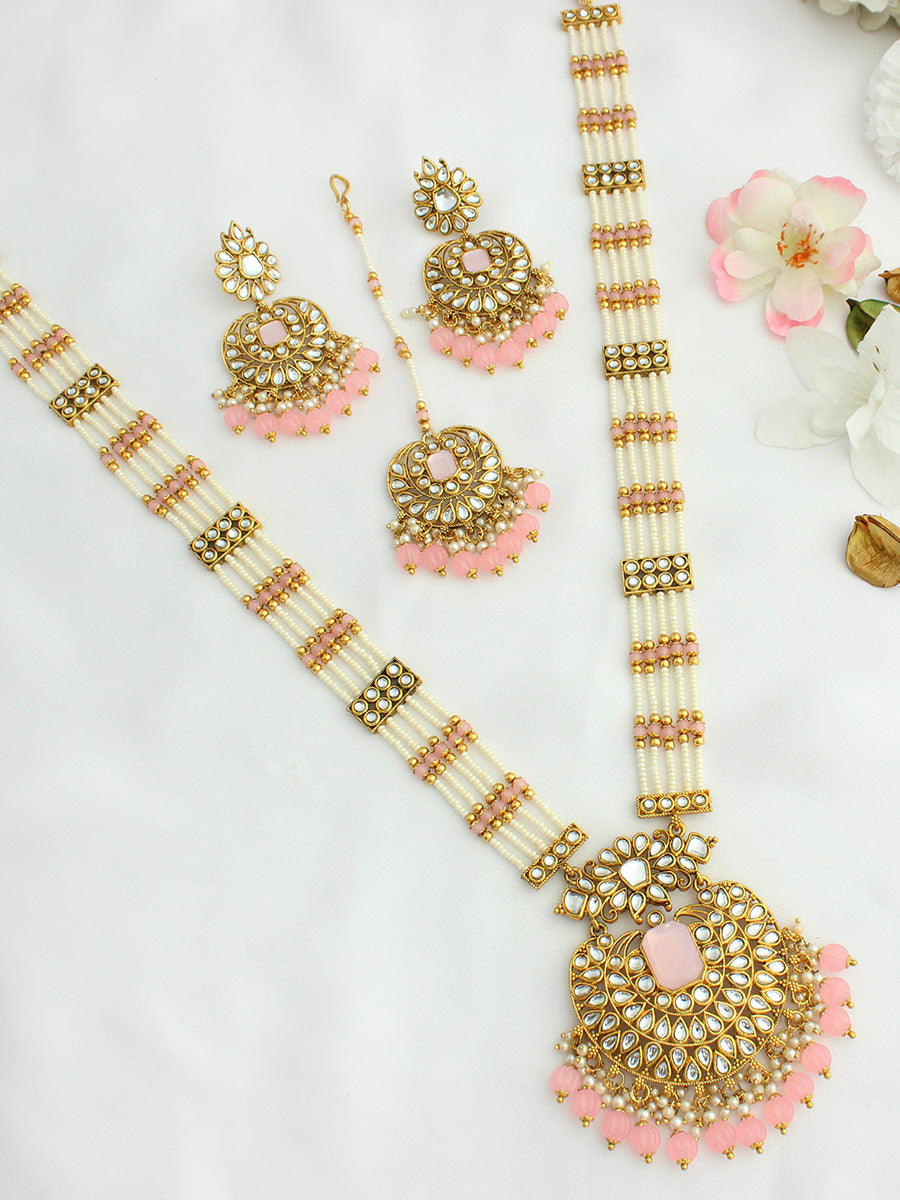 Madiha Long / Ranihaar Necklace Set-Pastel Pink