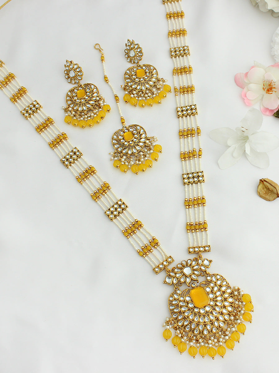 Madiha Long / Ranihaar Necklace Set-Yellow