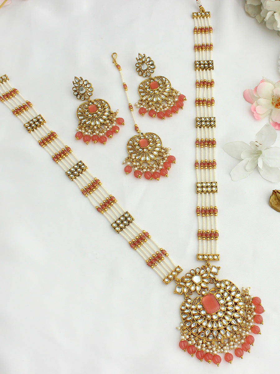 Madiha Long / Ranihaar Necklace Set-Pink