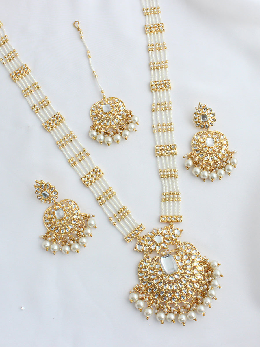 Madiha Long / Ranihaar Necklace Set-White
