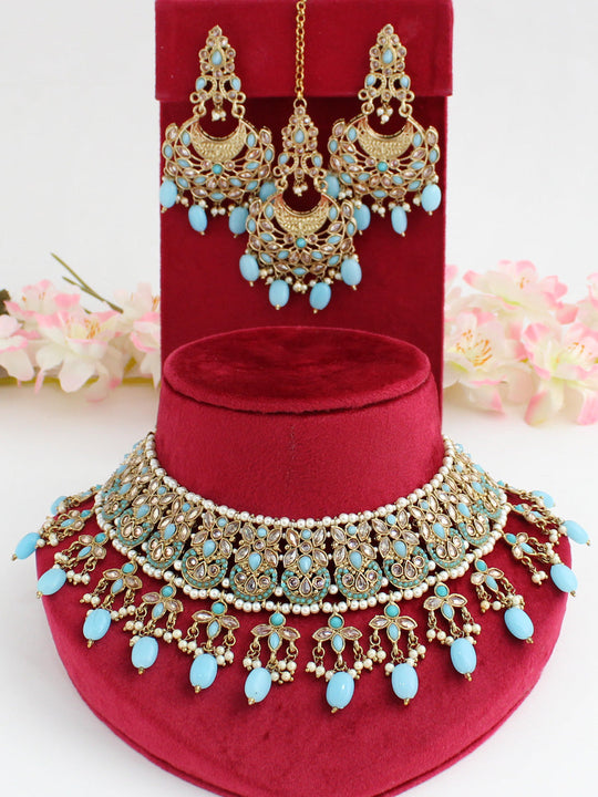 Anushri Polki Bib Necklace Set-Aqua