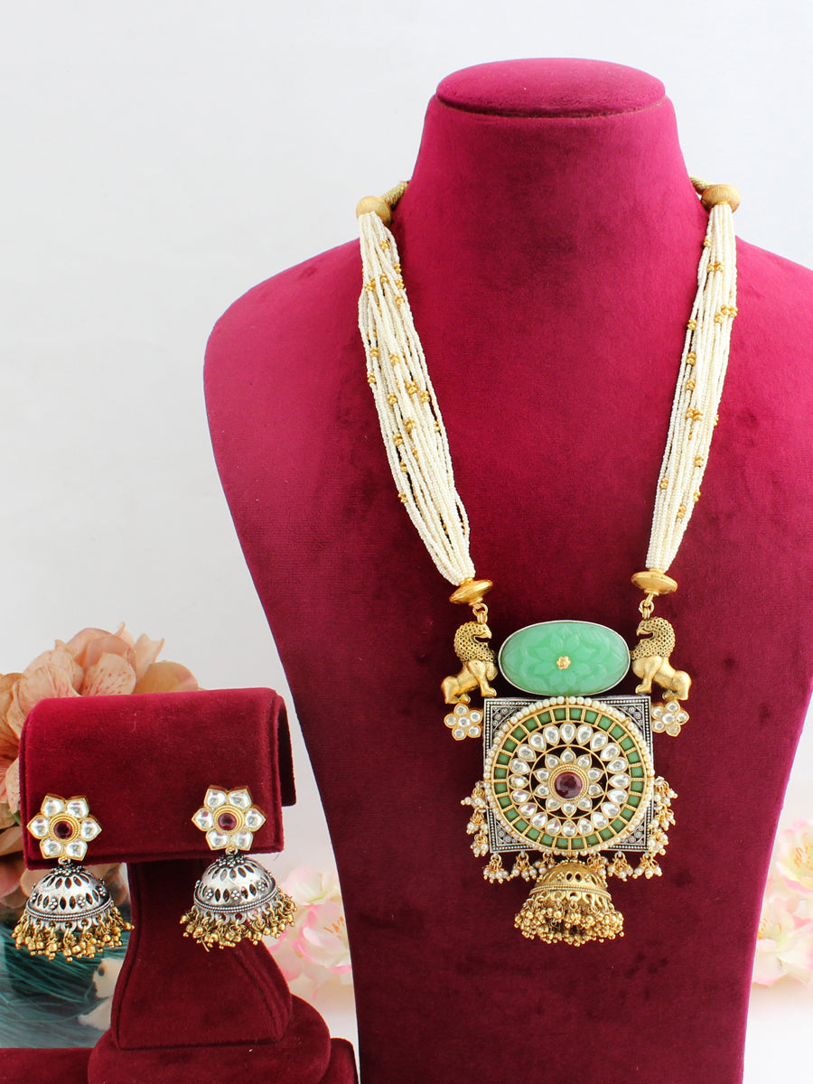 Navika Ranihaar Necklace Set-Mint Grgeen