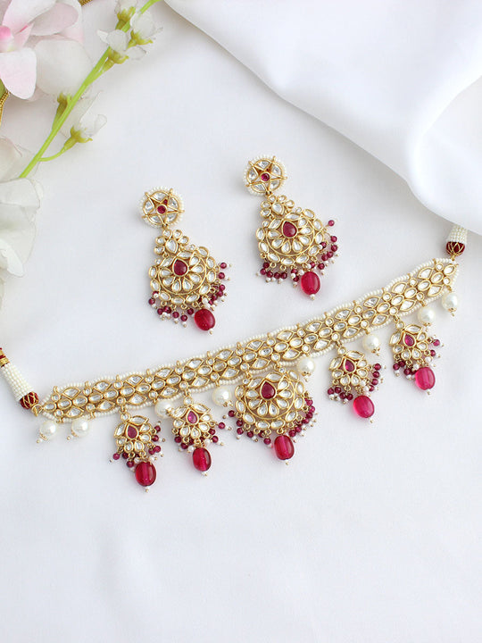 Pathankot Choker Necklace Set - Hot pink