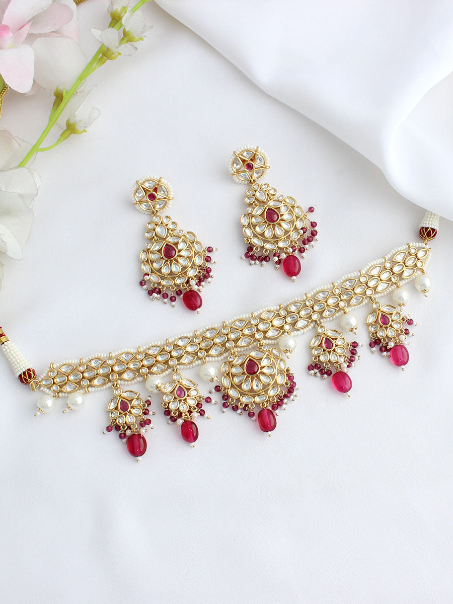 Pathankot Choker Necklace Set - Hot pink