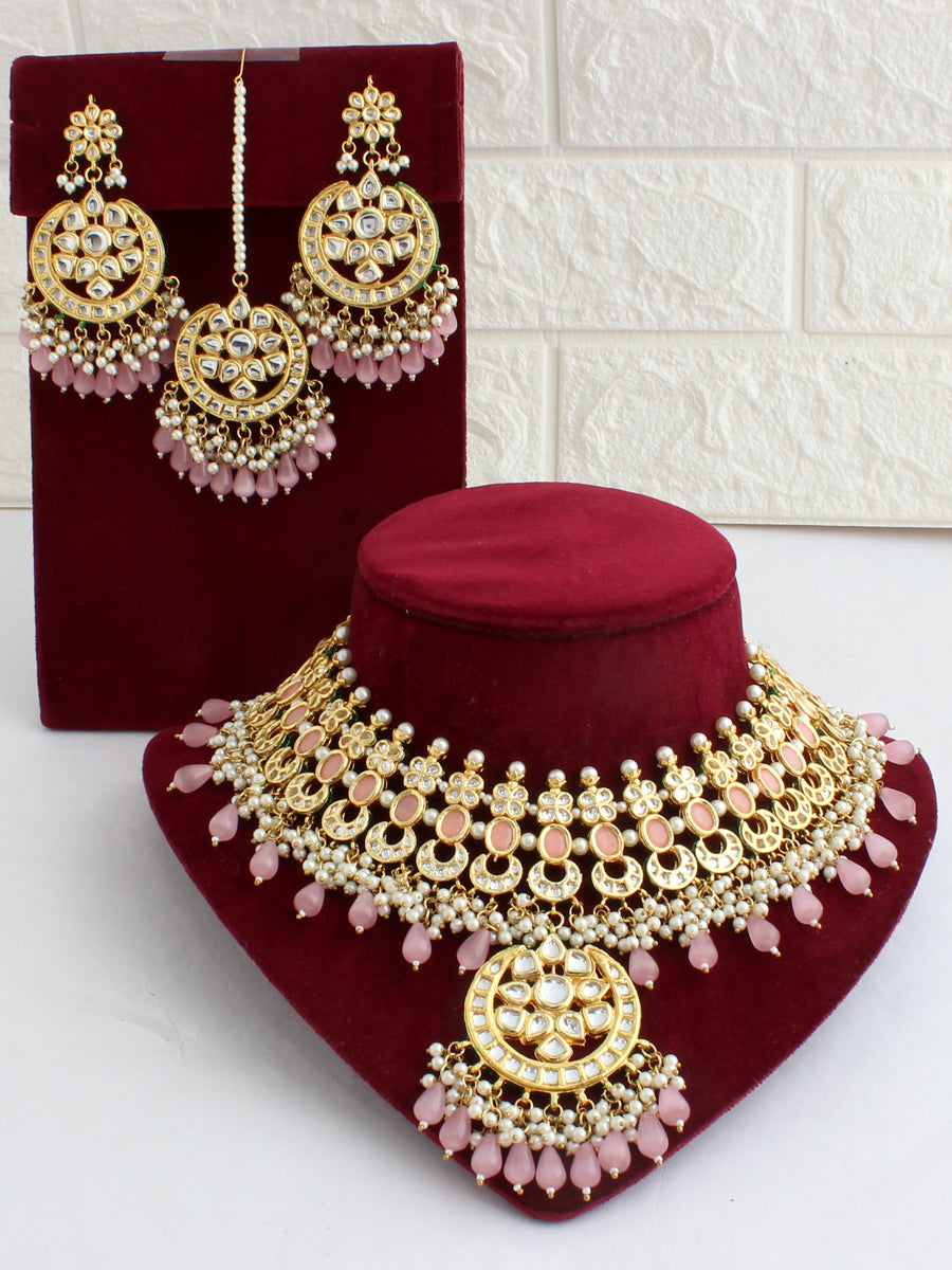 Tara Kundan Necklace Set-Pastel Pink