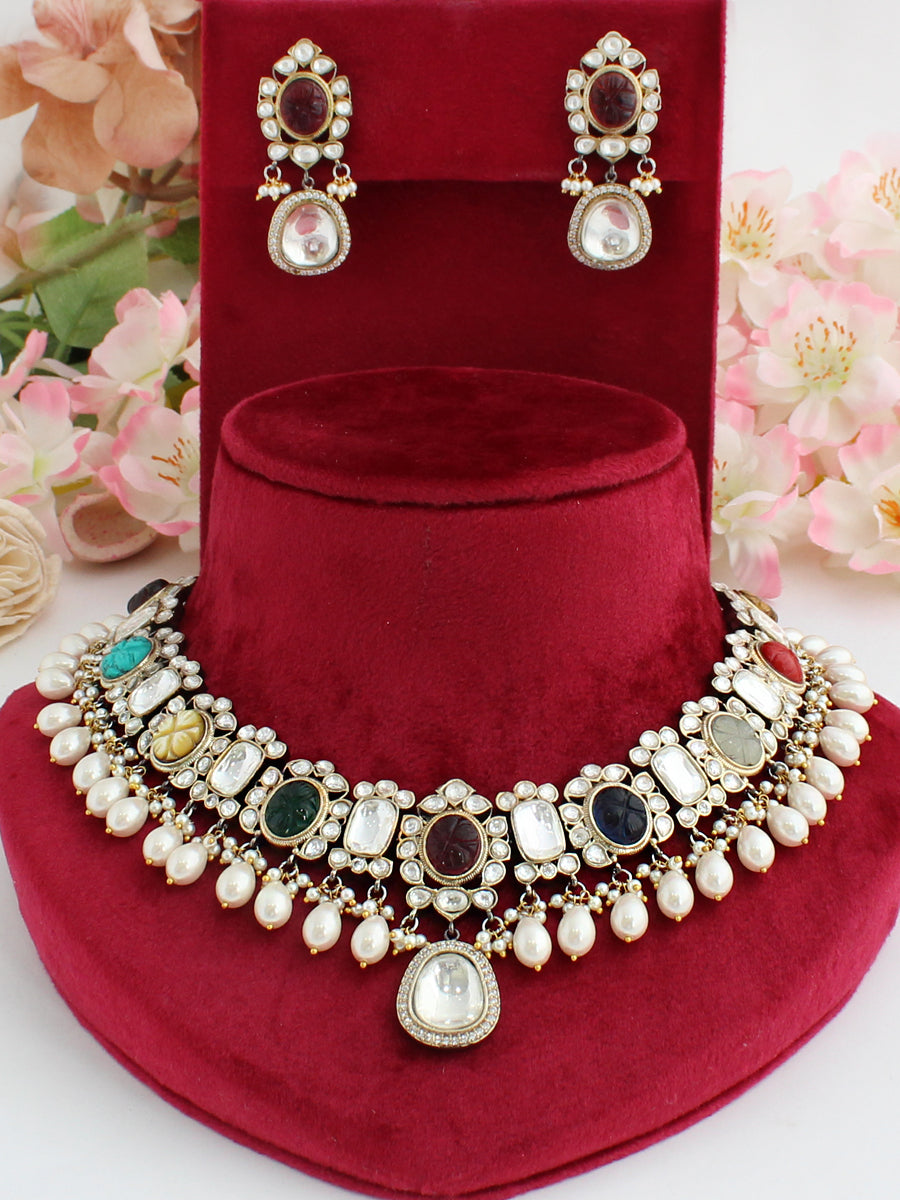 Kolkata Bib Necklace Set-Multicolor