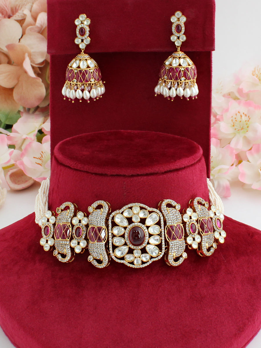 Surat Choker Necklace Set-Ruby Pink