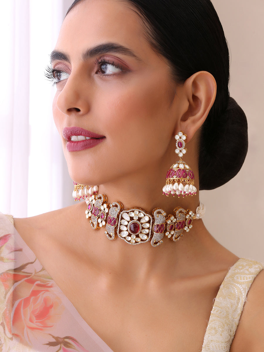 Surat Choker Necklace Set-Ruby Pink