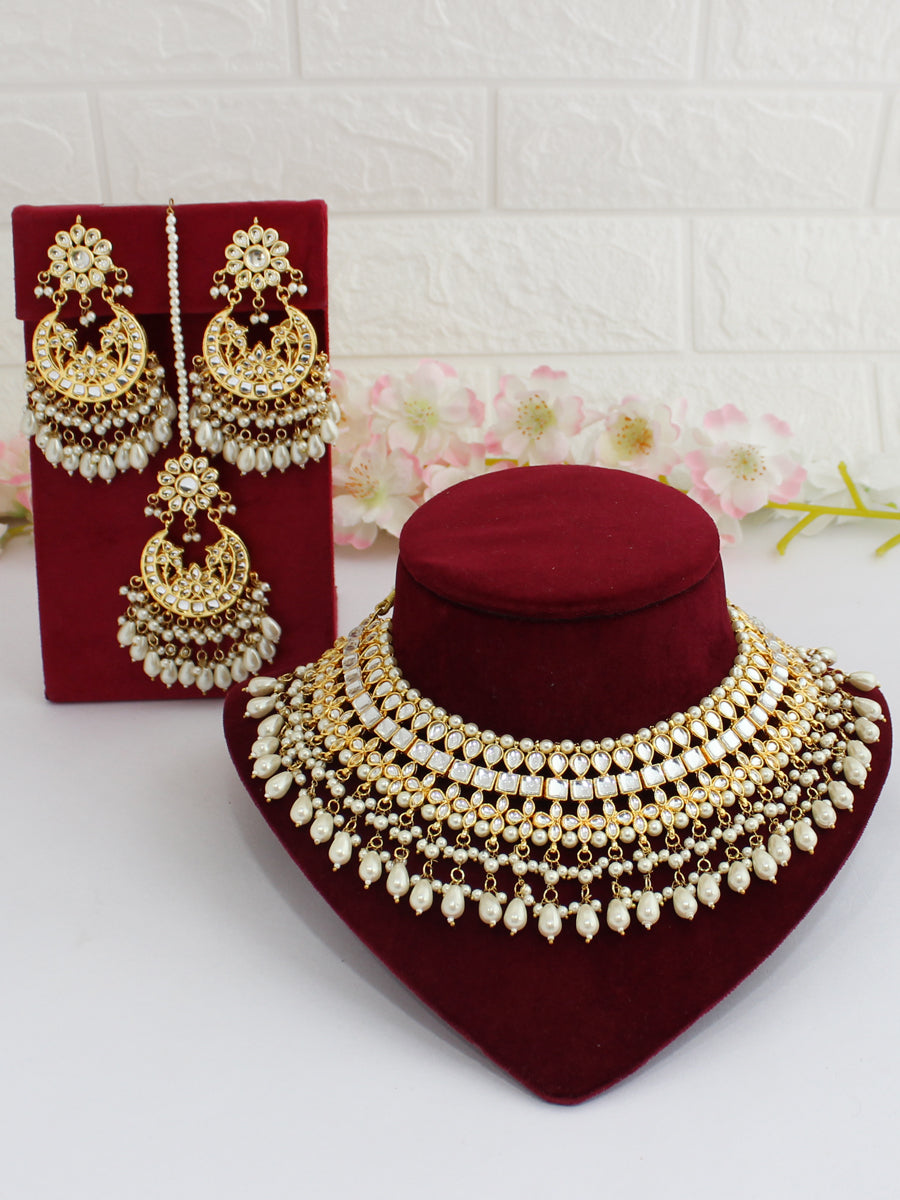 Mehar Kundan Necklace Set-Pearl