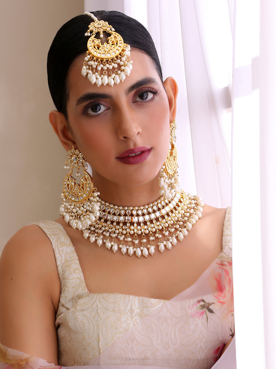 Mehar Kundan Necklace Set-Pearl