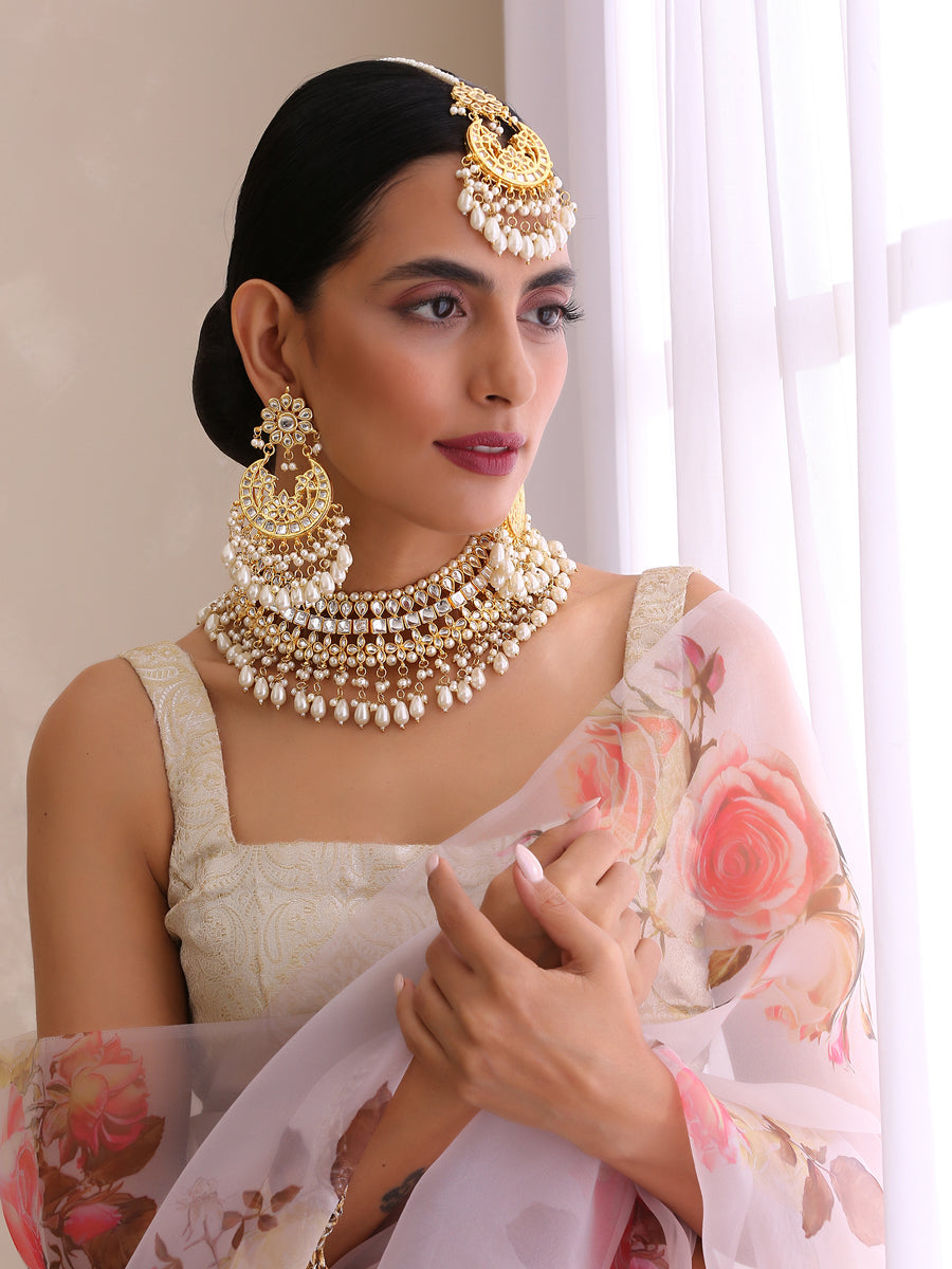 Mehar Kundan Necklace Set-Pearl