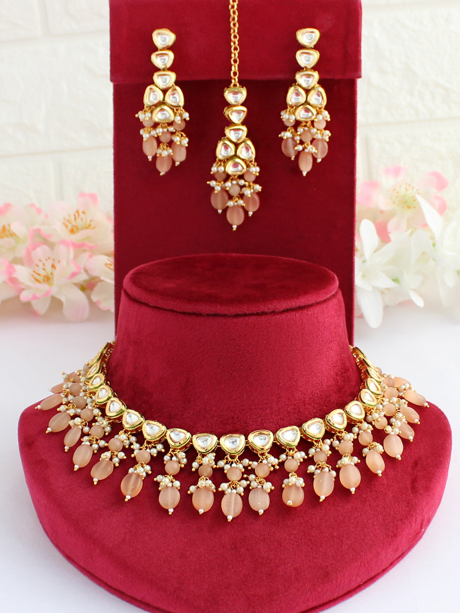 Bhavya Necklace Set-Peach