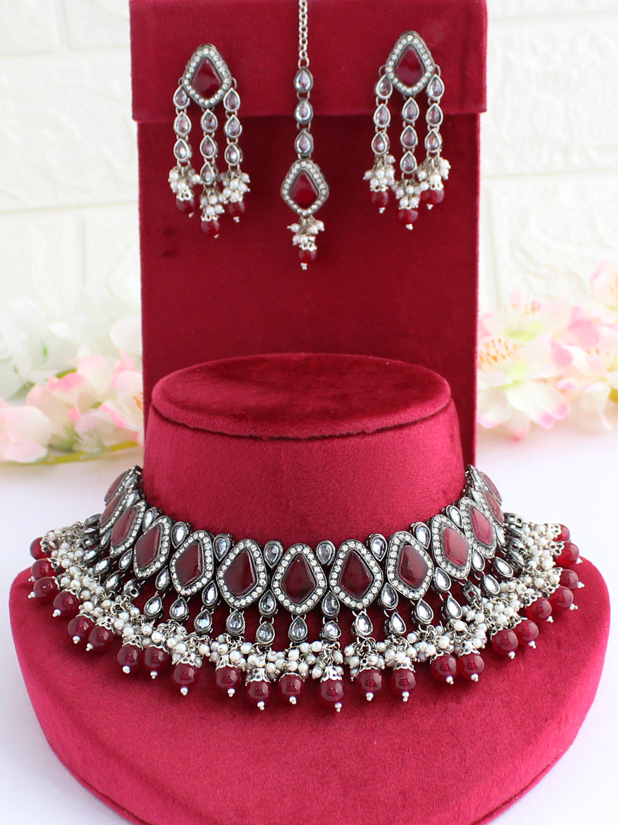 Farha Necklace Set-Maroon