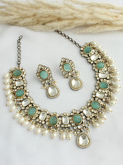 Kolkata Bib Necklace Set-Aqua